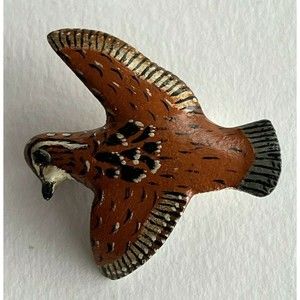 Vintage Hand-Painted Hand-Carved Wooden Bird Flight Brooch Pin Signed